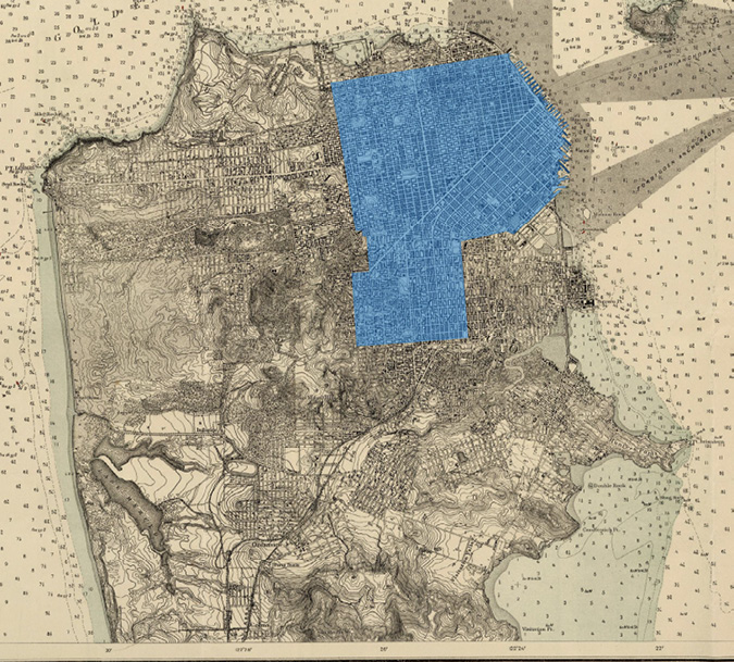 Historical map of San Francisco overlaid with transparent blue vector