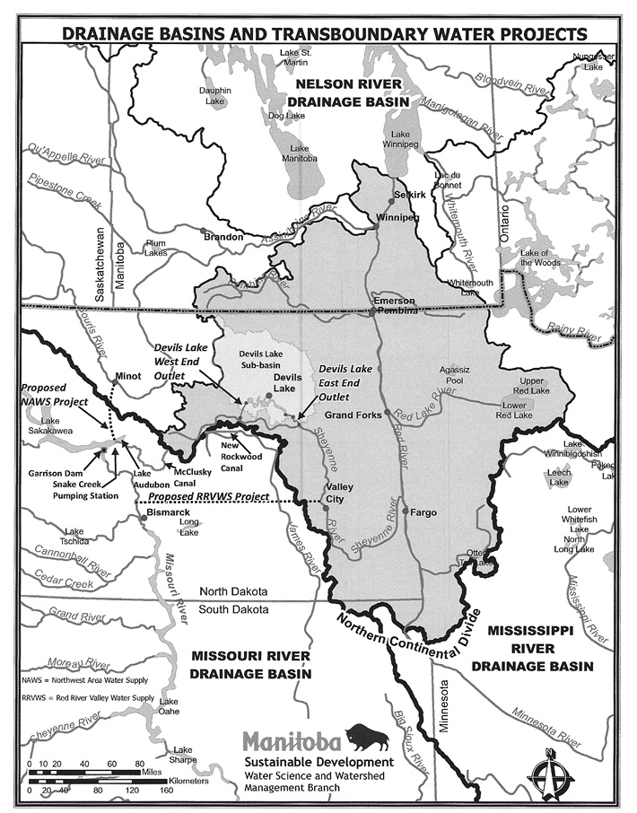This map shows the transboundary watersheds in the states of Minnesota and North Dakota and the province of Manitoba, and the location of the four cases discussed in this chapter, including the Garrison Diversion project, Red River flooding, the Devils Lake outlet, and the Northwest Area Water Supply Project (NAWSP).