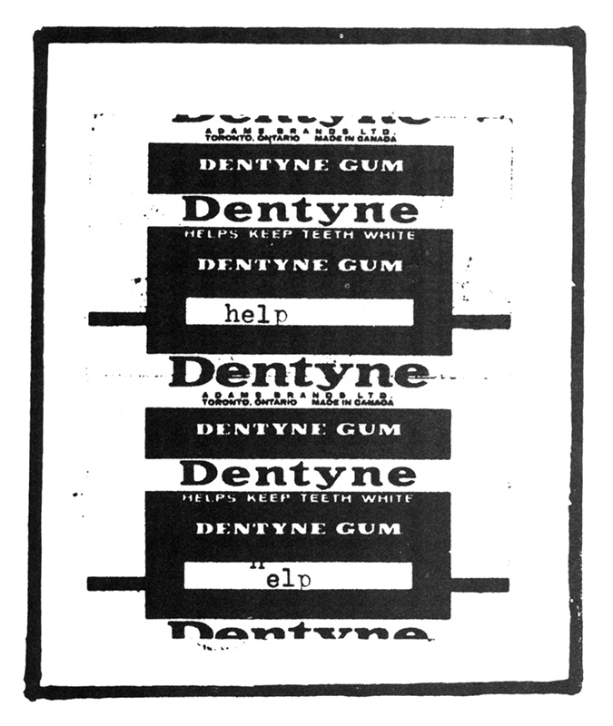 Black and white page scan: Collage of Dentyne gum wrappers with the word “help” typewritten on them. The collage is framed by a thick hand-drawn rectangle.