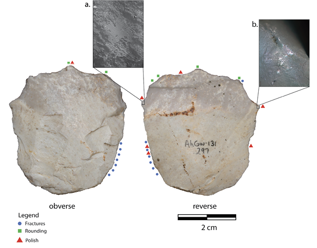 Colour photograph. Photograph showing both faces of a rounded stone tool. Small dots show the presence of fractures, rounding, and polish, while two smaller photos offer magnified views of certain features.