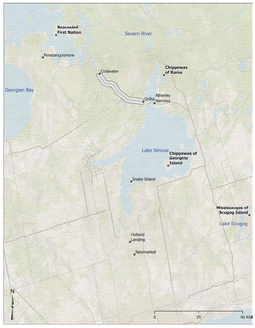 Colour map. Map of the area around Lake Simcoe. The Coldwater and Narrows Reserve is shown as a long white strip to the northwest of Lake Simcoe, and the locations of present-day First Nations are marked on islands in Lake Simcoe, and to its north, as well as at Lake Scugog to the east.