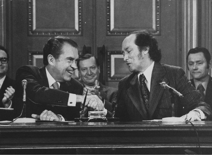 This photograph shows then Canadian prime minister Pierre Trudeau and US president Richard Nixon signing the first Great Lakes Water Quality Agreement of 1972.