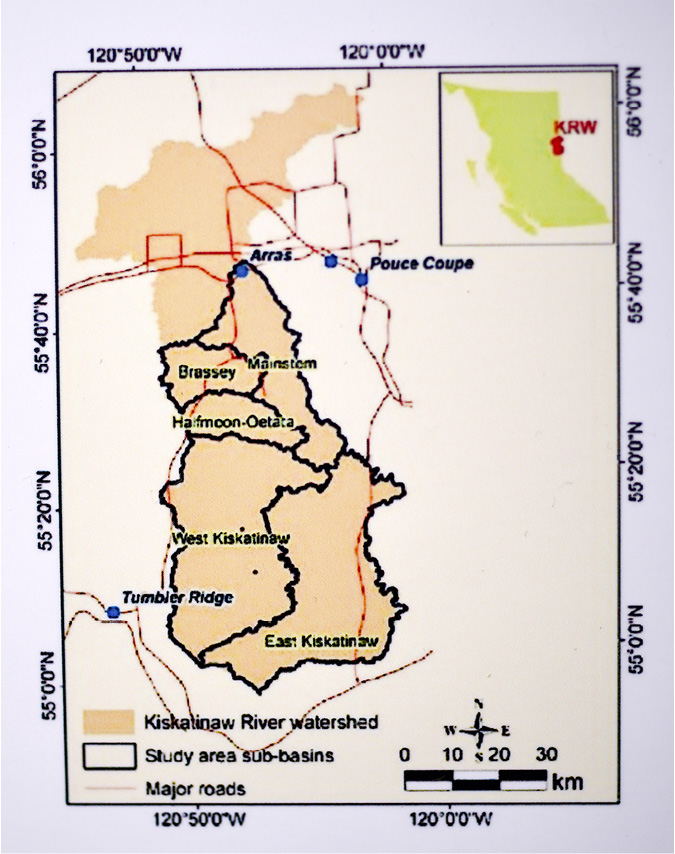 The particular boundaries of the Kiskatinaw Watershed are drawn out on this map with the site subregions surrounding. A small map highlights where this area is located on the northeastern British Columbia border with northwestern Alberta.