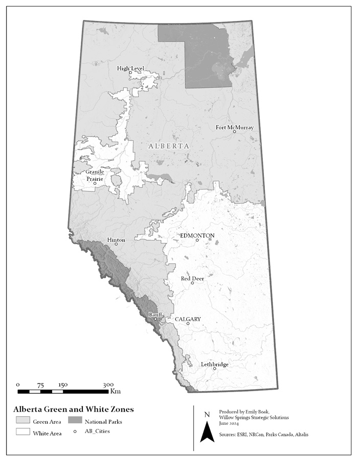 The image is a black-and-white map of Alberta, Canada, displaying the Green and White Zones. It outlines the province with distinct regions shaded in light gray, dark gray, and white. Light gray represents Green Areas, dark gray signifies National Parks, and white denotes White Areas. Major cities such as High Level, Grande Prairie, Hinton, Fort McMurray, Edmonton, Red Deer, Calgary, Banff, and Lethbridge are marked with small circles. A scale is provided at the bottom, ranging from 0 to 300 kilometers. The map includes a north arrow for orientation. 
