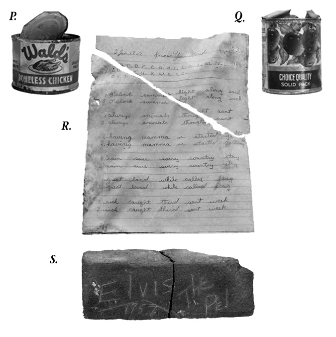 Black and white photograph: Photograph consisting of four photographs joined together that depict various items found by archaeologists and others at the Mohawk Institute.  The caption describes the images in detail. They include metal cans, student notes, and a brick with writing. 