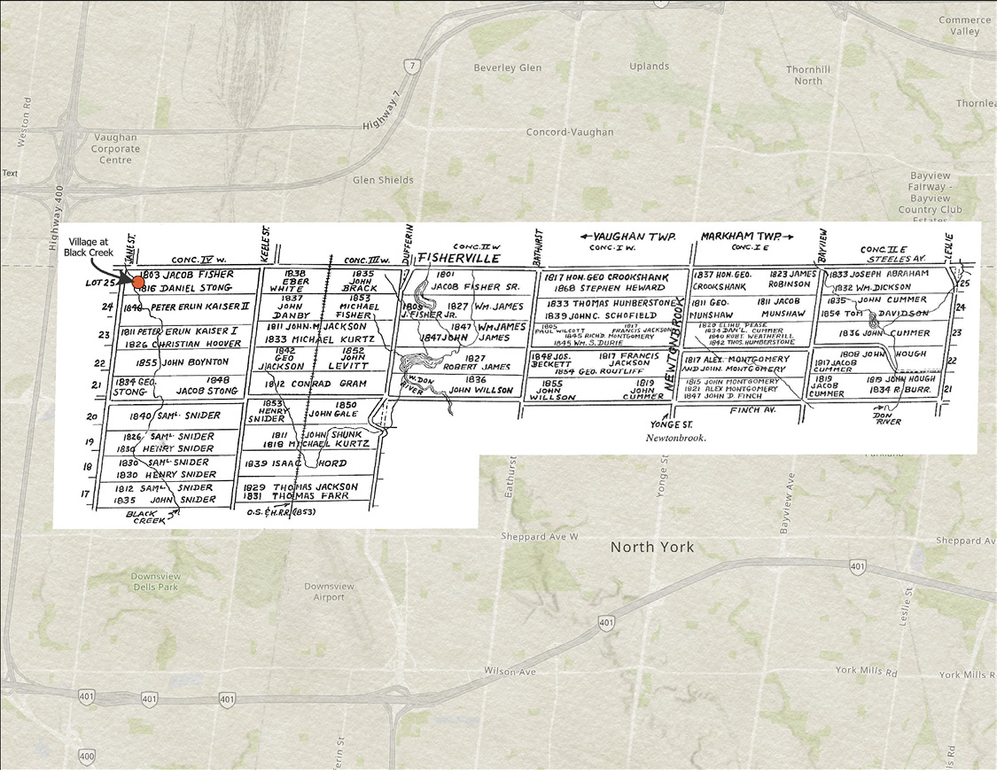 Colour map. Modern map of North York, with an older map showing the farm lots of Black Creek settlers overlaid on it. The older map is a grid of rectangles, with names and dates in each one The area’s rivers and roads are indicated. 