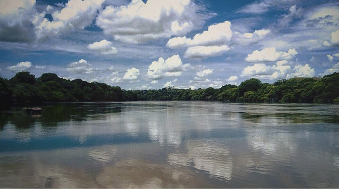 Looking out from the Mortes River in the Amazon region with the river in the centre and the rain forest on small hills covered in lush green trees on either side. The water is still, as though the image is captured from a slow cruising boat with the land on the sides at the periphery.