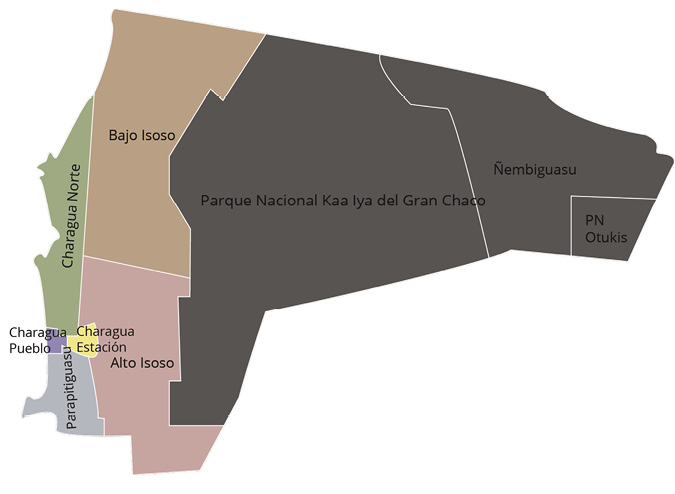 Colour map: This map shows that Charagua Norte, Charagua Pueblo, Parapltiguasu are the furthest west, that Bajo Isoso, Charagua Estacion, and Alto Isoso are next furthest west, that Parque Nacional Kaa Iya del Gran Chaco is in the middle, Nembiguasu is to the east, and PN Otukis is the furthest east.