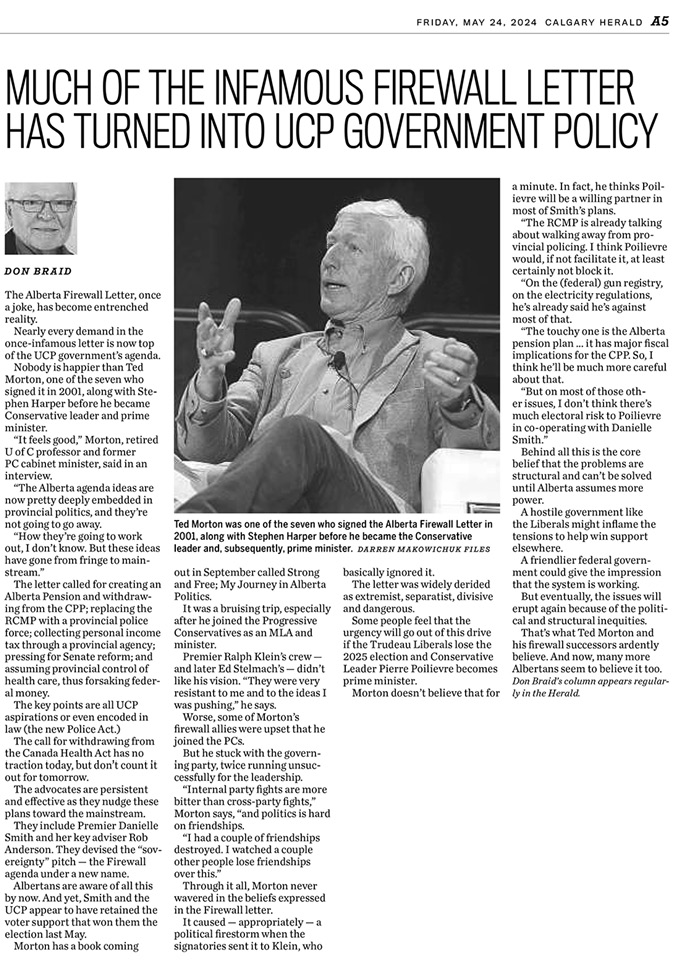 Black and white newspaper clipping. The clipping is of a column written by Don Braid from May 24, 2024, titled “Much of the Infamous Firewall Letter has turned into UCP government policy.” There is a picture of Ted Morton seated in a chair, wearing a blazer and slacks, speaking into a microphone.  