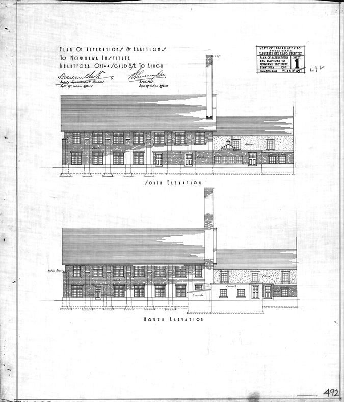 Black and white photograph of architectural plans: Architectural drawings of a proposed school addition in the 1920s, shown from the outside. The top image shows the south elevation, and the bottom image the north elevation, of the addition.  Both drawings show a two-storey building with a sloped roof.