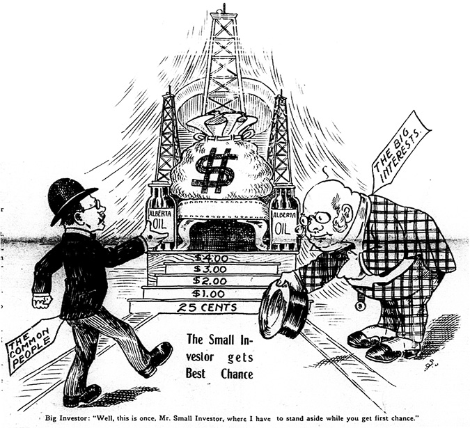 Figure 5-8 “The Small Investor get Best Chance.” Black and white newspaper cartoon. Two men meet at an elevated platform with a regal high-backed chair featuring three oil derricks, a large bag of money and two containers labelled “Alberta Oil.” To ascend to the throne, are a series of five steps marked from 25 cents to $4, presumably referring to share prices. Two investors are at the base of the throne. The man on the right, in a garish suit, with an expensive pocket watch, and white spats on his shoes, and representing the “big interests,” bows majestically at the waist and allows a gentleman in a simple dark suit to approach the chair first. At the bottom is the cartoon’s title – “The Small Investor gets Best Chance.”