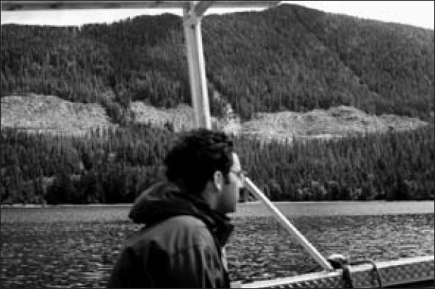 A man in a boat, viewing the clearcut forests.