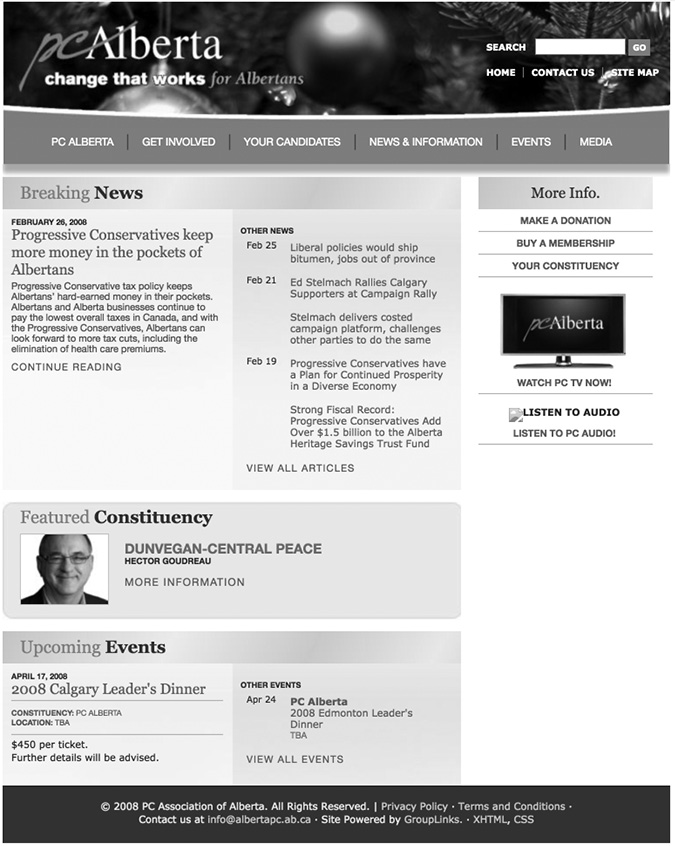 A screenshot of the Alberta PC Party Website.