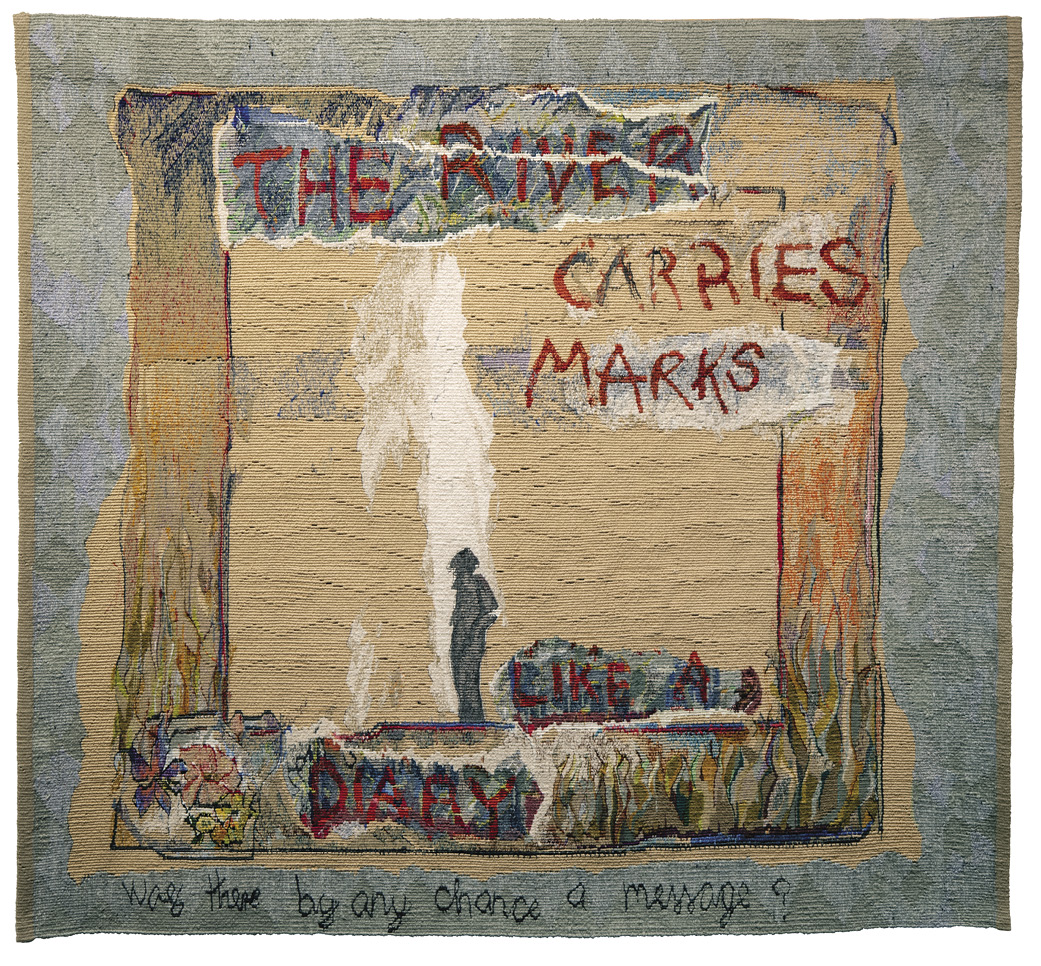 Photo: the textile version of the previous image inside a blue patterned frame. 