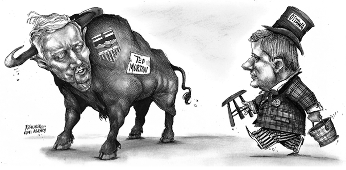 Black and white political cartoon. The cartoon, from the section “Sun Comment” in the Calgary Sun, depicts Ted Morton as a bull, with horns and nose ring. The Alberta Shield and the words “Ted Morton” are taped to the bull. Approaching Ted Morton is Prime Minister Stephen Harper wearing a top hot that says “Ottawa” and seer-sucker attire, carrying a bucket and a stool.

