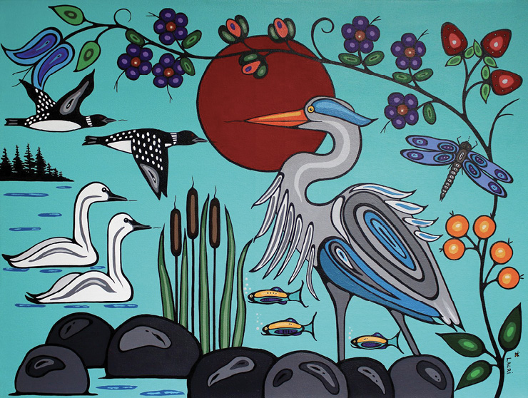 Colour painting. Woodlands Style painting of animals and plants. It has a blue background, and a red sun in the centre. There is a large heron in the centre, two loons flying and two white geese swimming on the left, and fish swimming and a dragonfly on the right. There are stones and reeds in the front, and a flowering plant and various berries rising from the bottom right and reaching across the top of the painting. There is a stand of trees in the far back left.