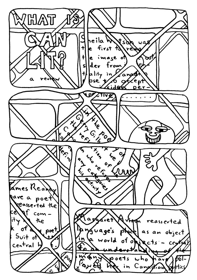 Black and white cartoon drawing: A comic-style visual poem.