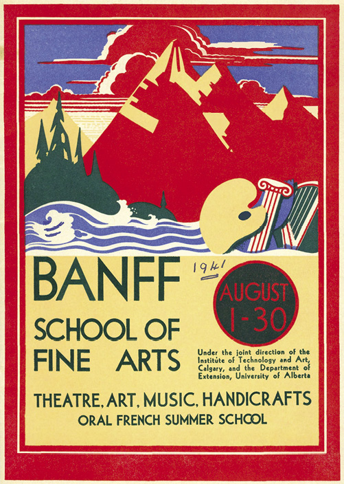 Poster for the Banff School of Fine Arts theatre, art, music, handicraft oral French summer school, August 1-30. Under the joint direction of the Institute of Technology and Art, Calgary, and the Department of Extension, University of Alberta. Illustration of red mountains, blue skies, water, and green trees.