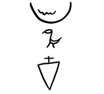 Black and white line drawing: A bird, with an inverted triangle below it, and a semicircle with a line through it above it.