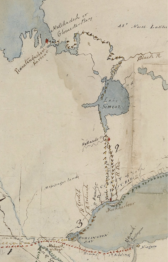Colour map. 18th century map of Southern Ontario centred on Lake Simcoe. Dotted lines show journeys around Lake Ontario, up to Lake Simcoe and on to Lake Huron. Some rivers and harbours are labelled.