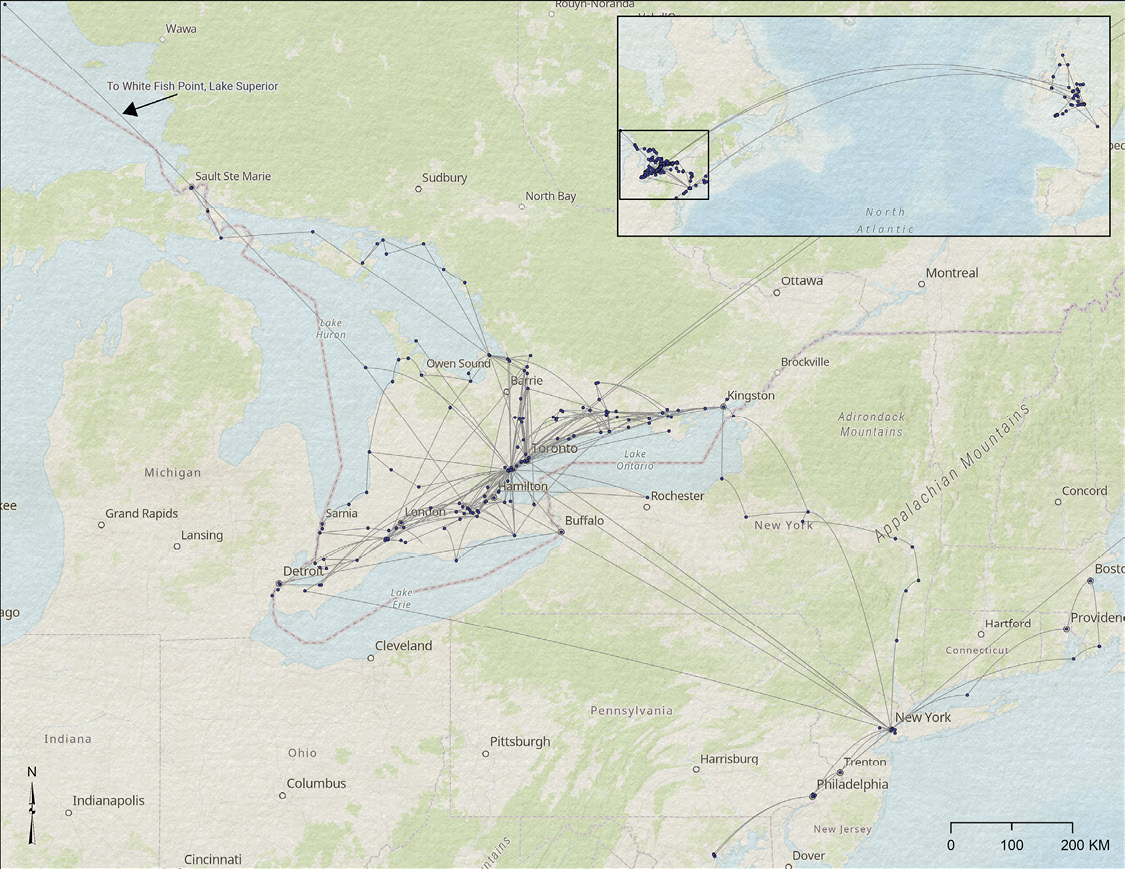 Colour photograph. Map of the eastern Great Lakes. A dense network of dots and lines represent travel between many places across southern Ontario, down to major cities on the eastern seaboard of the United States and along Georgian Bay up to Lake Superior. An inset map in the top right shows the north Atlantic, with dots and lines running from North America to many locations in Britain and France. 