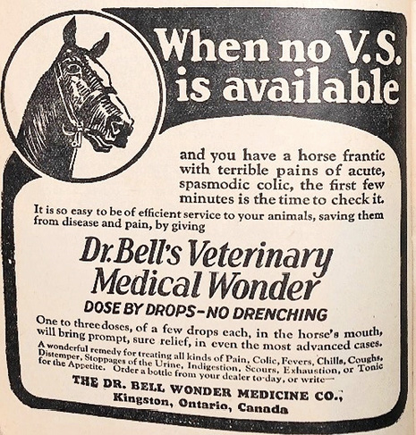 Advertisement for medicine for horses with illustration of horse head in upper left corner