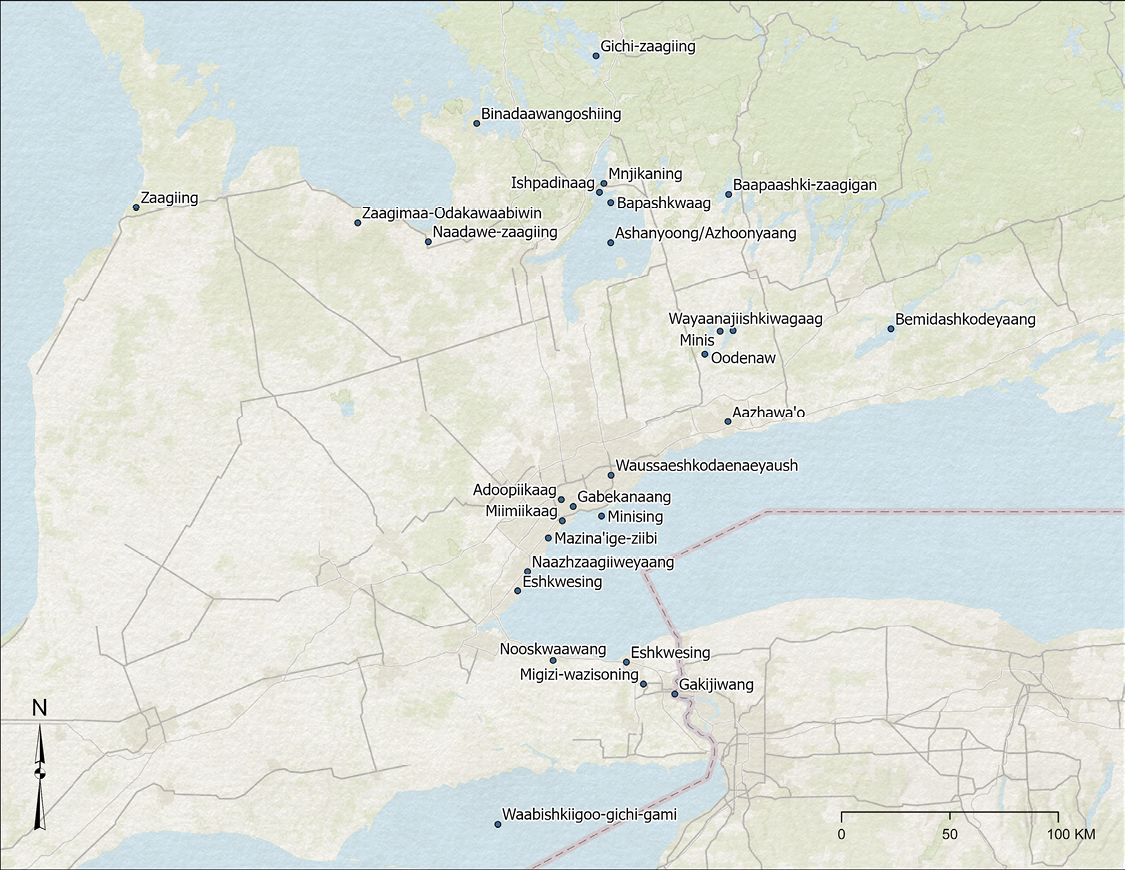 Colour map. Map of southern Ontario. Anishinaabe place names are shown, centred around the western end of Lake Ontario, as well as Lake Simcoe and southeastern Georgian Bay.