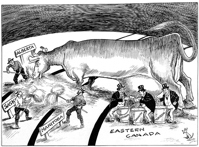 A black and white political cartoon from 1915 of a large cow on a farm with six different men dressed in attire from the early 20th century. Three men are farmers, and three are businessmen wearing three-piece suits and top hats. Each of the three farmers are located beside a sign labelled “Alberta,” “Saskatchewan,” and “Manitoba,” respectively. The farmers are depicted as working hard, feeding bales of hay to the cow. The three businessmen are beside the label “Eastern Canada,” and are depicted as greedily milking the cow. The milk is going into three buckets labelled “Ottawa,” “Toronto,” and “Montreal”.