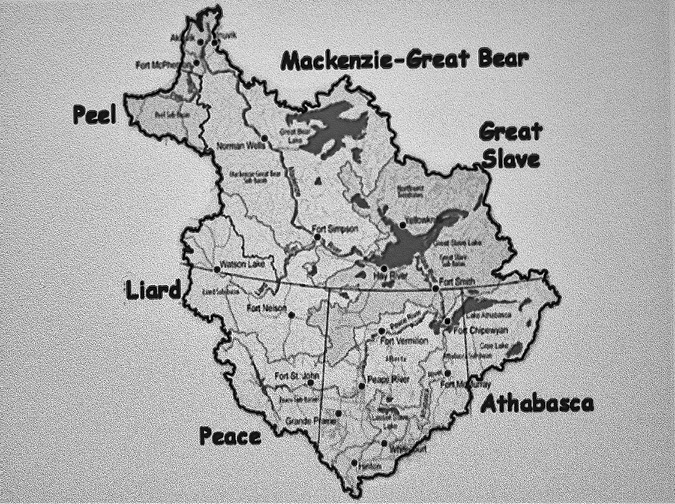 The Mackenzie River Basin region is illustrated on a map from the northeast of British Columbia’s Liard and Peace regions at the west of the map, up to the Yukon Territory’s Peel region, at the south part of the North West Territories Mackenzie Great Bear and Slave Lake regions, then east and south in a region that encompasses part of Alberta and Saskatchewan’s Athabasca region.