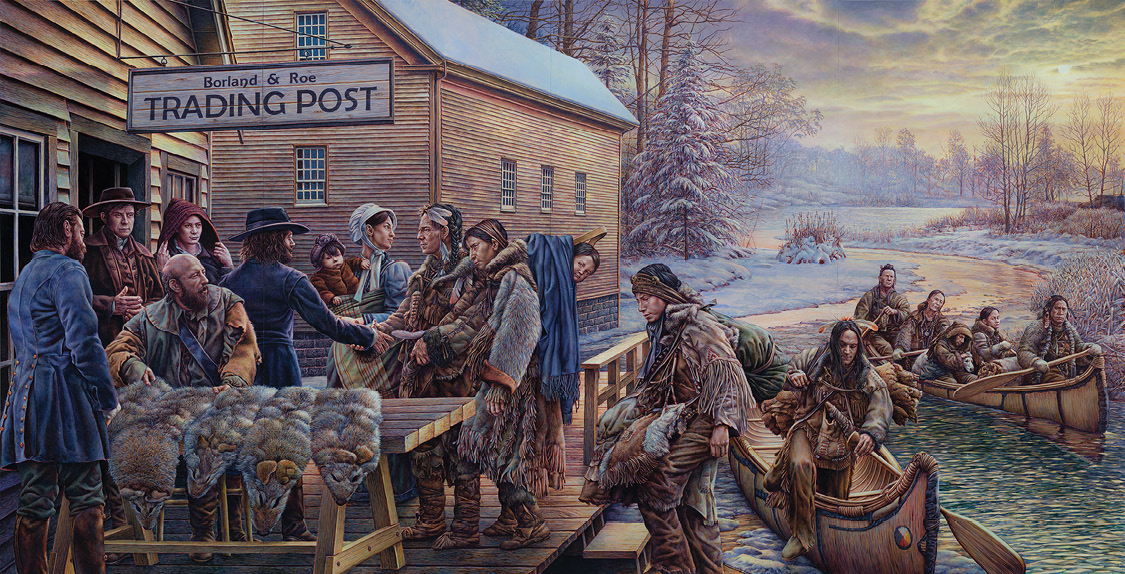Colour mural painting. A winter scene at a Borland and Roe trading post. There are two wooden buildings on the left, and a river snaking through a snow-covered scene on the right. A group of white traders are standing at the post, while canoes of First Nations men and women are arriving at the post. Several pelts are lain out on a table, while a trader shakes hands with a First Nations man. An Indigenous woman with a child in a cradle board on her back stands beside him.
