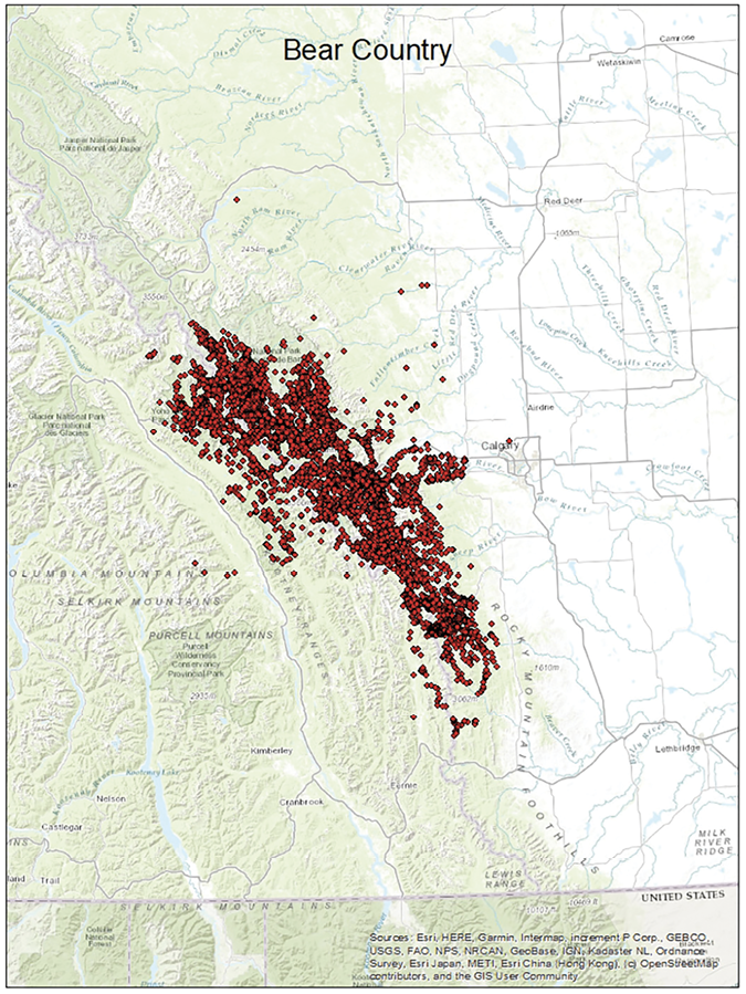 Map of Rocky Mountains in Canada with dozens of red dots clustered in middle