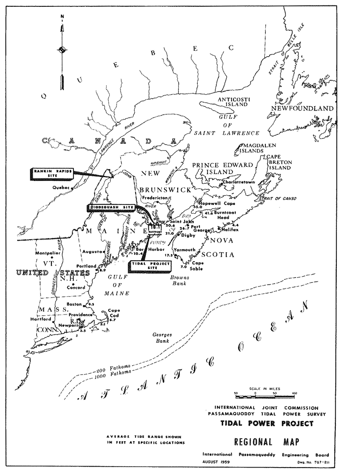 This map shows the Eastern Seaboard of the United States and Canada and the location of the proposed Passamaquoddy tidal and Rankin Rapids hydro developments.