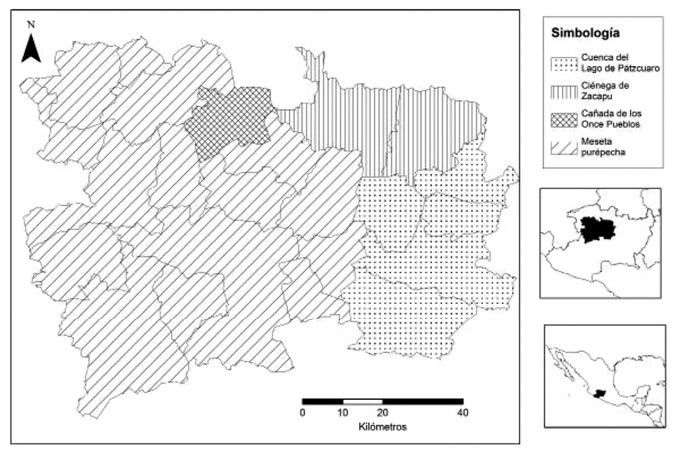 Black and white map: This map shows that Cuenca del Lago Patzcuaro is in the south east, Cienega de Zacapu is in the north east, Canada de los Once Pueblos is small and in the centre north, and Meseta purepecha comprises the west half.