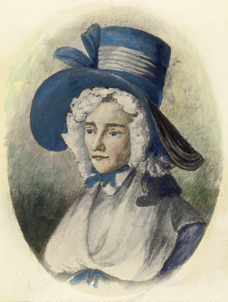 Colour painting. Portrait of a white woman in late eighteenth century dress. She is wearing a large and elaborate blue hat with a broad ribbon and bow, and a wide brim over a frilly white cap. She is looking to the left and wears a blue dress with a white collar. 