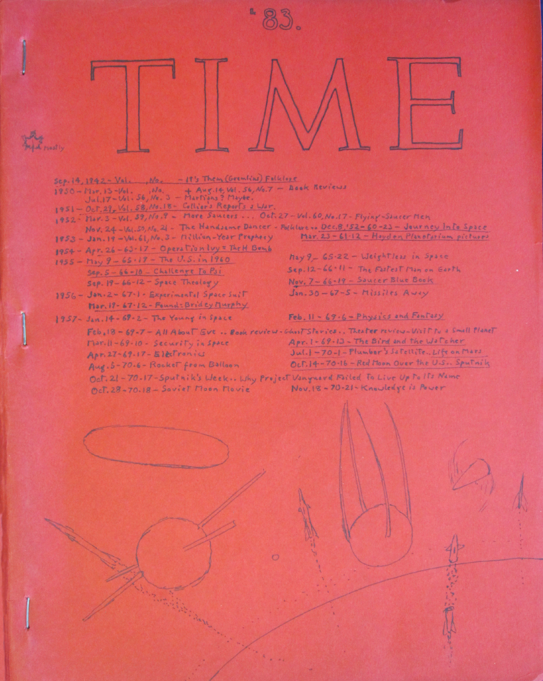 Colour illustration: Hand-drawn red magazine cover labeled “Time” at the top, with hand written contents organized by year, and pencil-drawn satellites and space ships at the bottom.