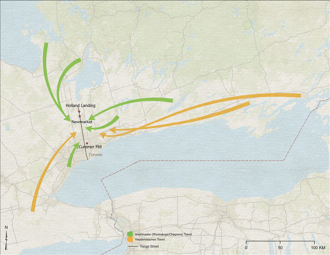 Colour map. Map of Lake Ontario, with large yellow and green arrows coming from various locations to the north, east, and west towards Yonge Street. The green arrows indicate Anishinaabe travel, and come from Georgian Bay and Mississauga, while the yellow arrows indicate Haudenosaunee travel, and they come from eastern Lake Ontario and the Haldimand Tract to the west of Lake Ontario. 