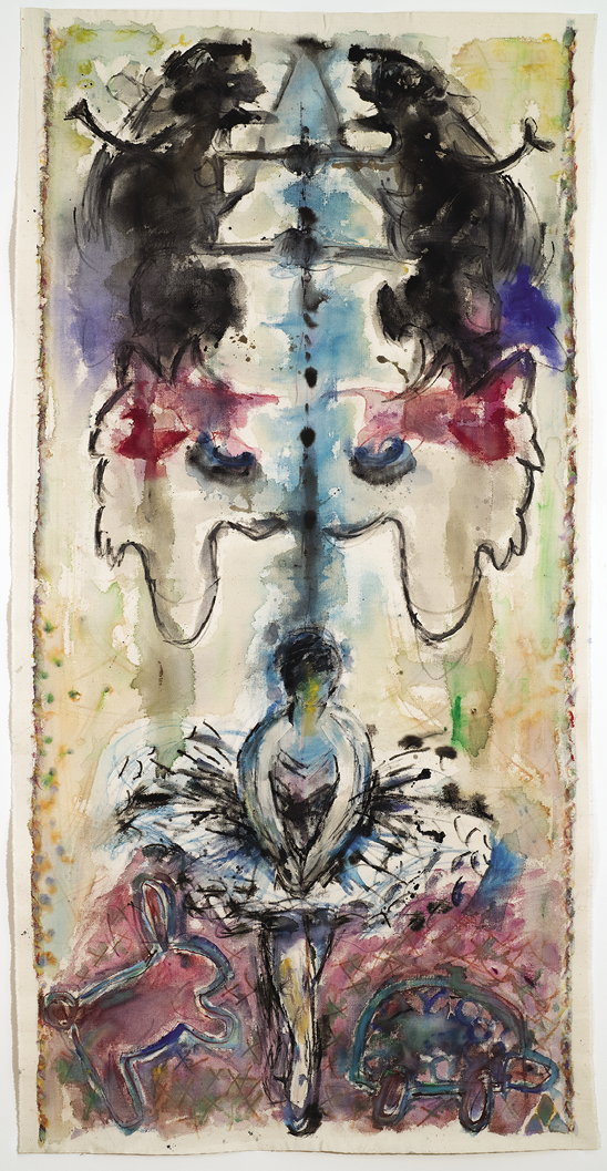 Abstract watercolour painting against a cream background of two vertical rats, a wolf's face, and a ballerina flanked by a rabbit and a turtle. 