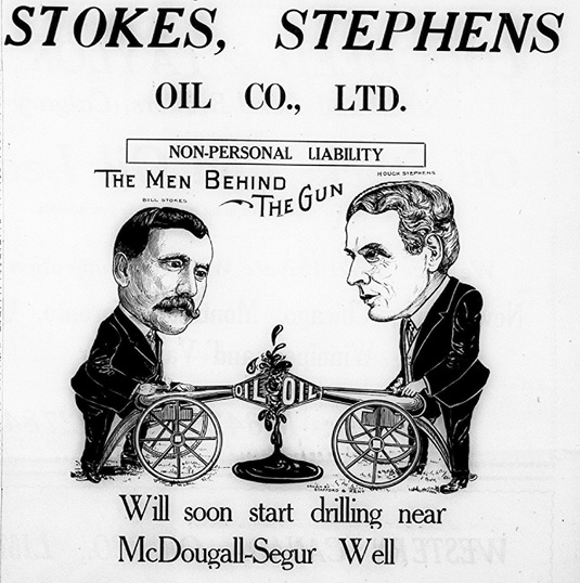 Figure 3-3 “The Men Behind the Gun” Black and white pencil drawn cartoon advertisement for the Stokes, Stephens Oil Company. The ad features two well-dressed businessmen, each straddling a small brass cannon firing a black substance labelled “oil” at the other.