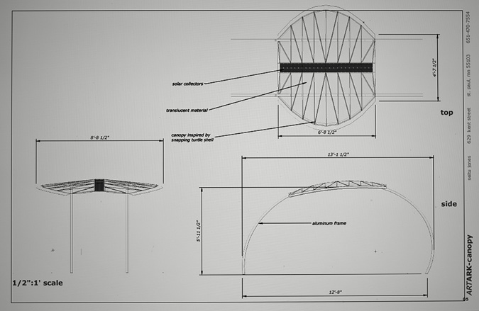 . A drafted sketch of the top and side images for a metal canopy show the design image and scale of a canopy project.