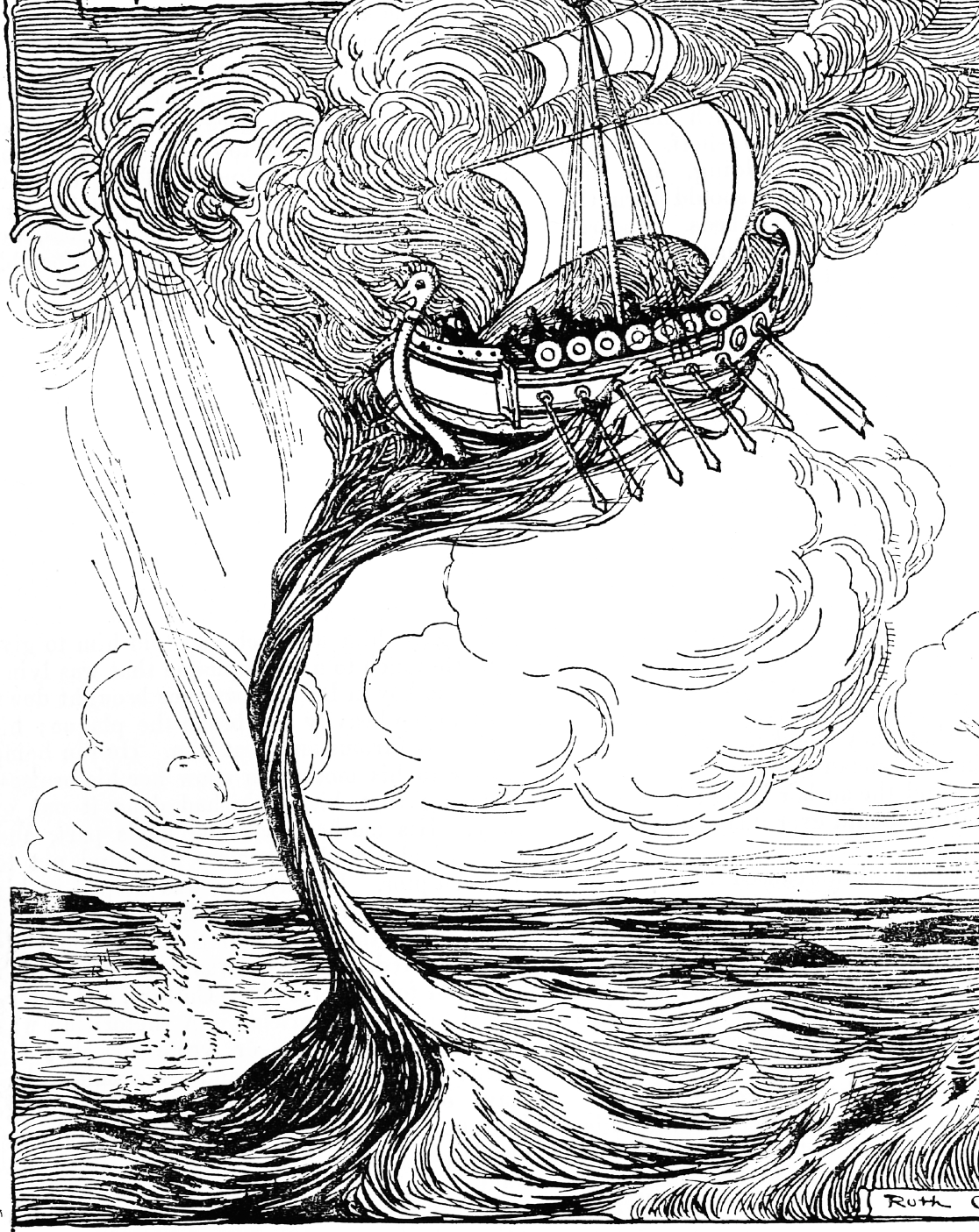Black and white illustration: A Greek sailing ship with oars, being swept up into the sky by a waterspout.