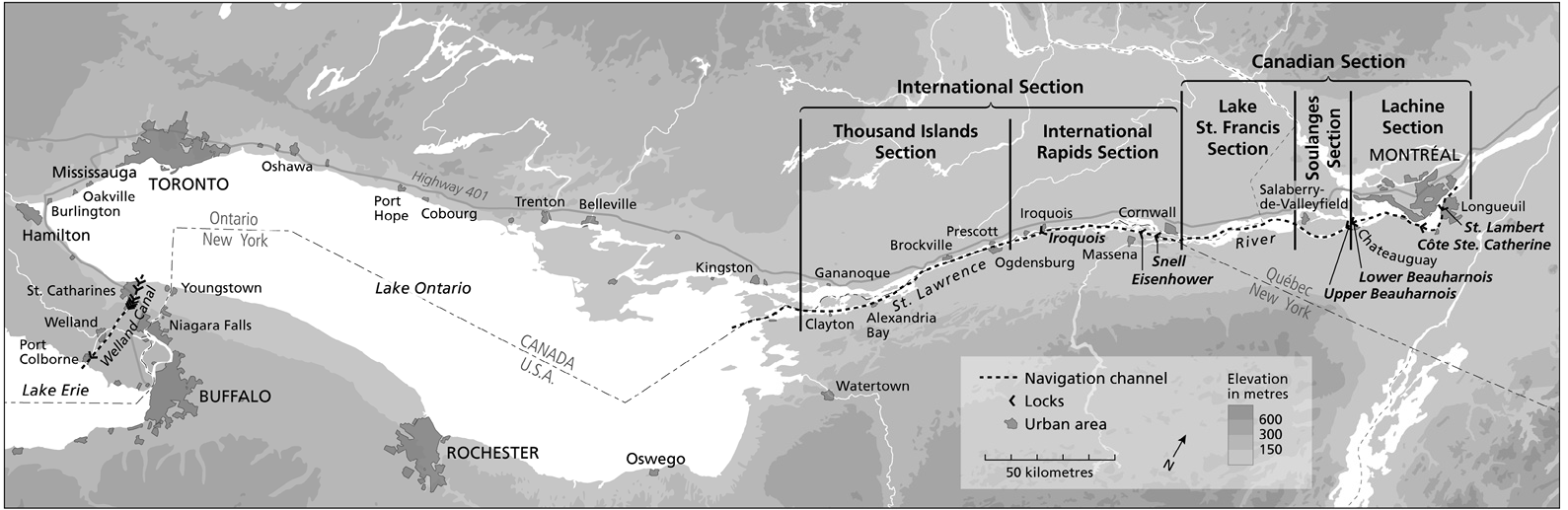 This map shows the various sections of the St. Lawrence Seaway between Alexandria Bay, New York, and Longueil, Quebec, including the various locks.