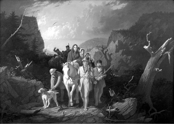 A black and white image of George Caleb Bingham’s color oil painting foregrounds Daniel Boone in the center of the painting, flanked on the left by a white horse with a woman rider. Boone holds the horse’s reins in his right hand (left for the viewer). He wears light pants, coat and hat, a slightly darker shirt, and carries a rifle pointing up in his other hand. The woman has dark hair, and her head and torso are draped with a dark shawl. Left of the horse, a man bends over to tie his shoe. He wears a light coat and pants, and a three-cornered hat. In front of the man there’s a white hound with gray markings on its face and ears, facing forward at a forty-five degree angle, showing its profile. Right of Boone and slightly behind is a man cradling a rifle pointing up at a 45 degree angle. He has a beard, clothing a bit darker than Boone’s, a white shirt and a dark skin hat. The woman’s face, the horse, and Boone are well lit against the darker background of the rocky slopes of Cumberland Gap as the sun peaks out of slope on the left side of the painting, lighting the sky and the opposite slope. A dead tree frames the group to the right. They stand on rocky ground. Behind them are smaller blurred images of settlers: a woman’s face with a white bonnet, a half profile of a man with a dark hat, men on horseback, one with a dark hat and a hatchet over his shoulder, another brandishing a stick, one with a hat and a gun pointing skyward, and then smaller and even less distinct followers, guns pointing up. There are dim hills in the background, clouds are illuminated in the sky, and a bird flies in the left-hand sky.