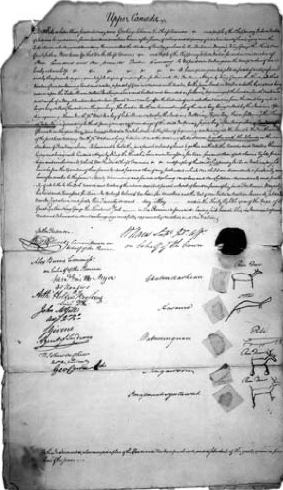 A photo of an old parchment titled Upper Canada. Signatures of the British Government Officials are on the bottom-left and signatures of the Indian Chiefs are on the bottom-right, with small figures beside their names.