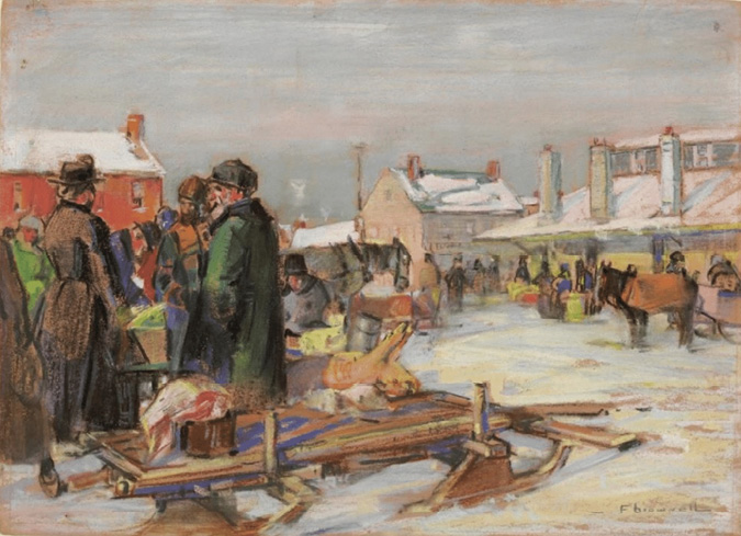 Painting of men gathered on snowy ground at a public market with a frozen pig carcass next to them