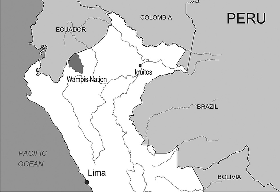Black and white map: A map shows that the Wampis Nation is located in the north-west of Peru, at the mid point of the border with Ecuador.