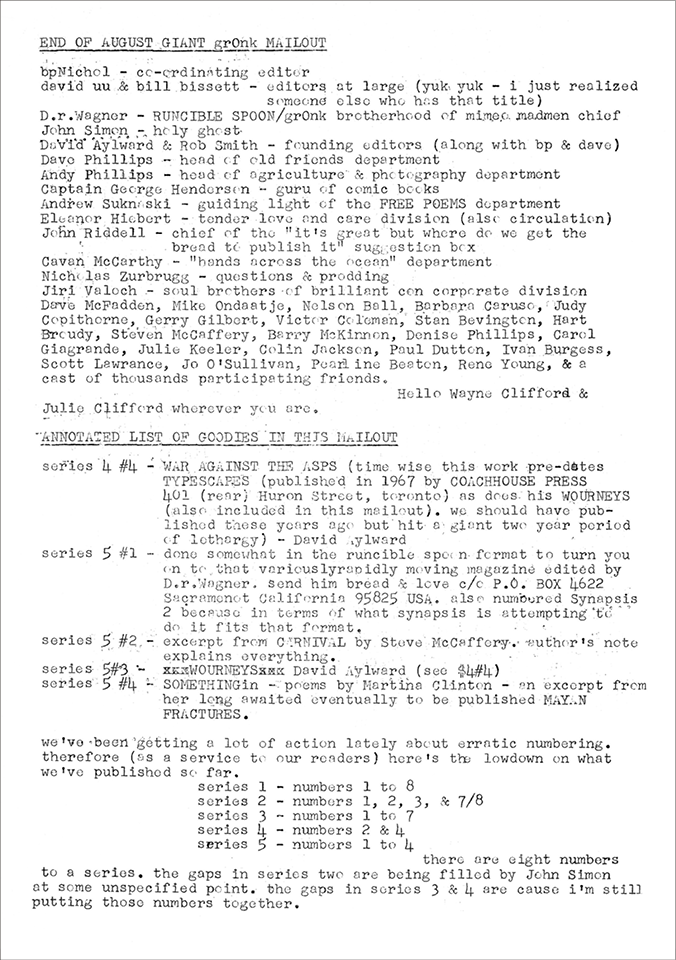 Black and white page scan: Page from the END OF AUGUST GIANT grOnk MAILOUT, containing information about the contents, contributors, and publication series.