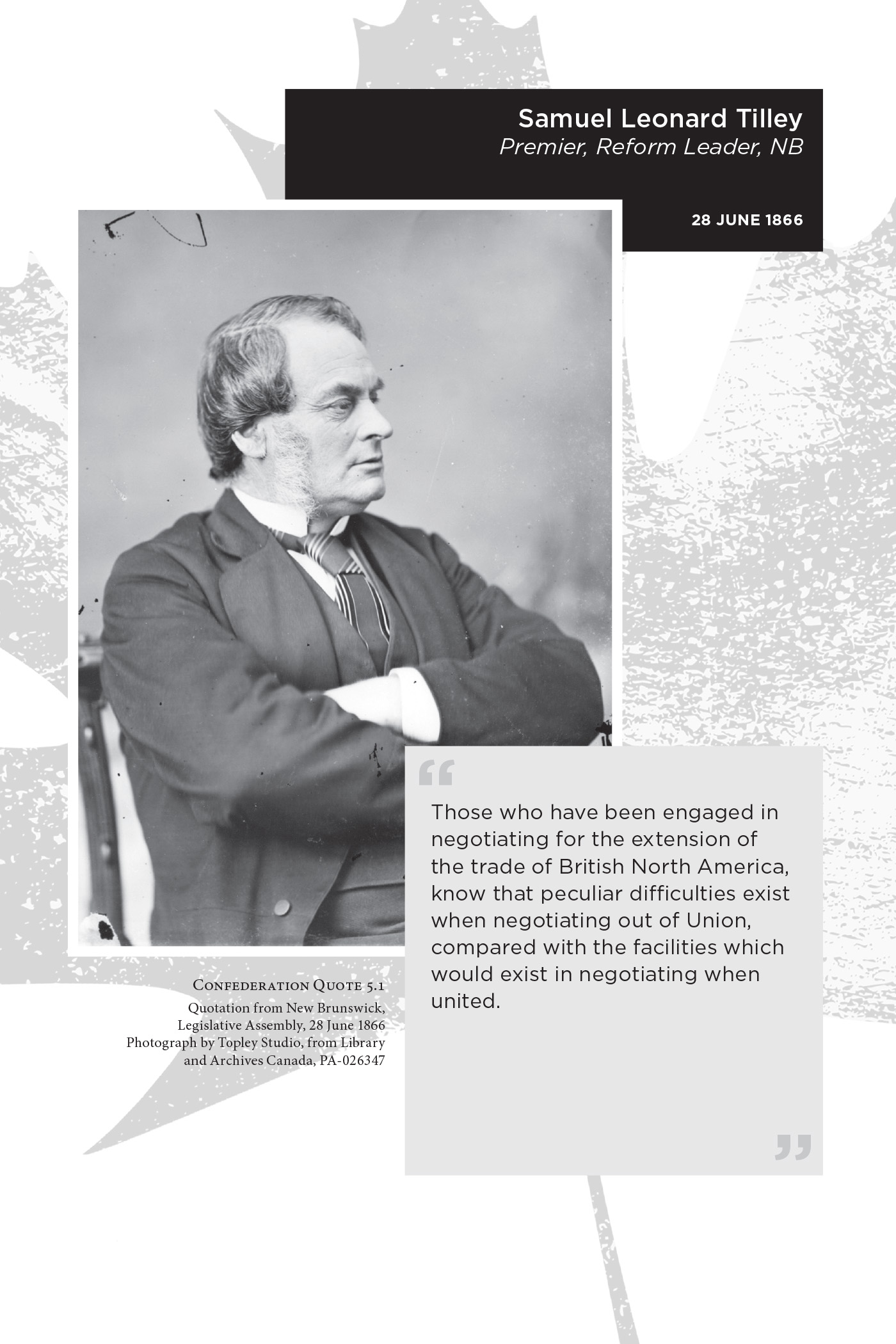 Samuel Leonard Tilley Premier, Reform Leader, NB. 28 June 1866. “Those who have been engaged in negotiating for the extension of the trade of British North America, know that peculiar difficulties exist when negotiating out of Union, compared with the facilities which would exist in negotiating when united.” Confederation Quote 5.1 Quotation from New Brunswick, Legislative Assembly, 28 June 1866. Photograph by Topley Studio, from Library and Archives Canada, PA-026347