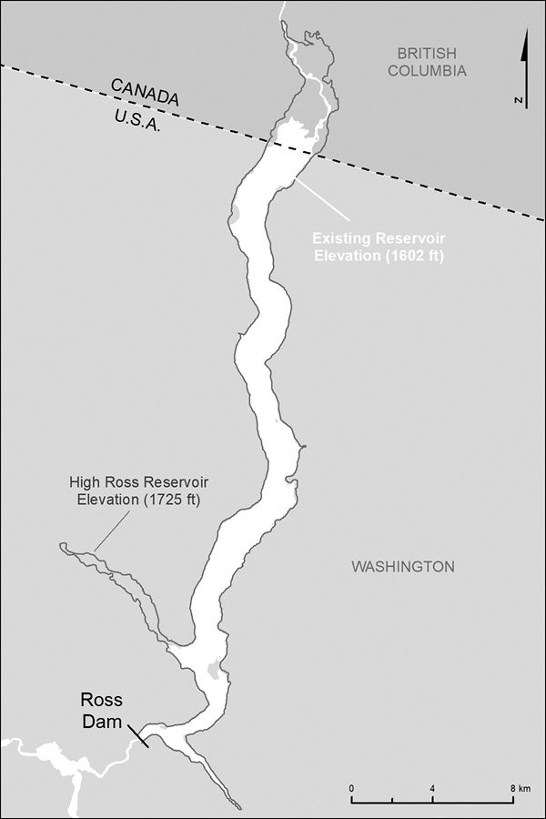 This map shows the difference in reservoir area behind the proposed High Ross Dam and the lower dam height as it crosses the British Columbia–Washington border.