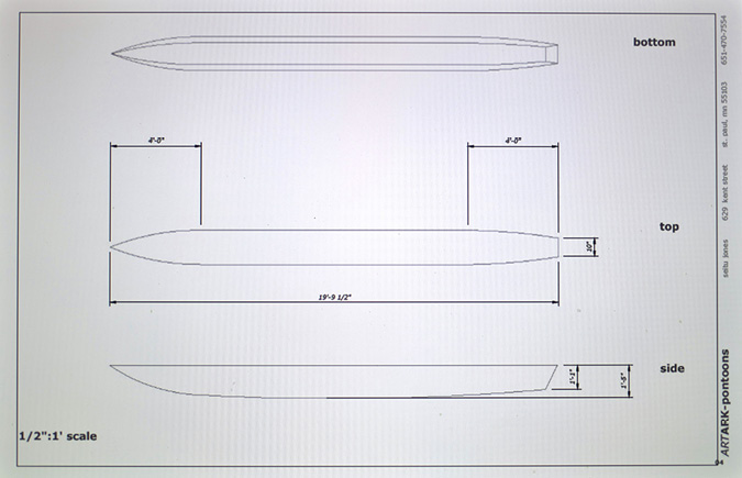 A drafted sketch of a simple boat with scale measurements. Bottom, top and side images are stacked in sequence and labelled.