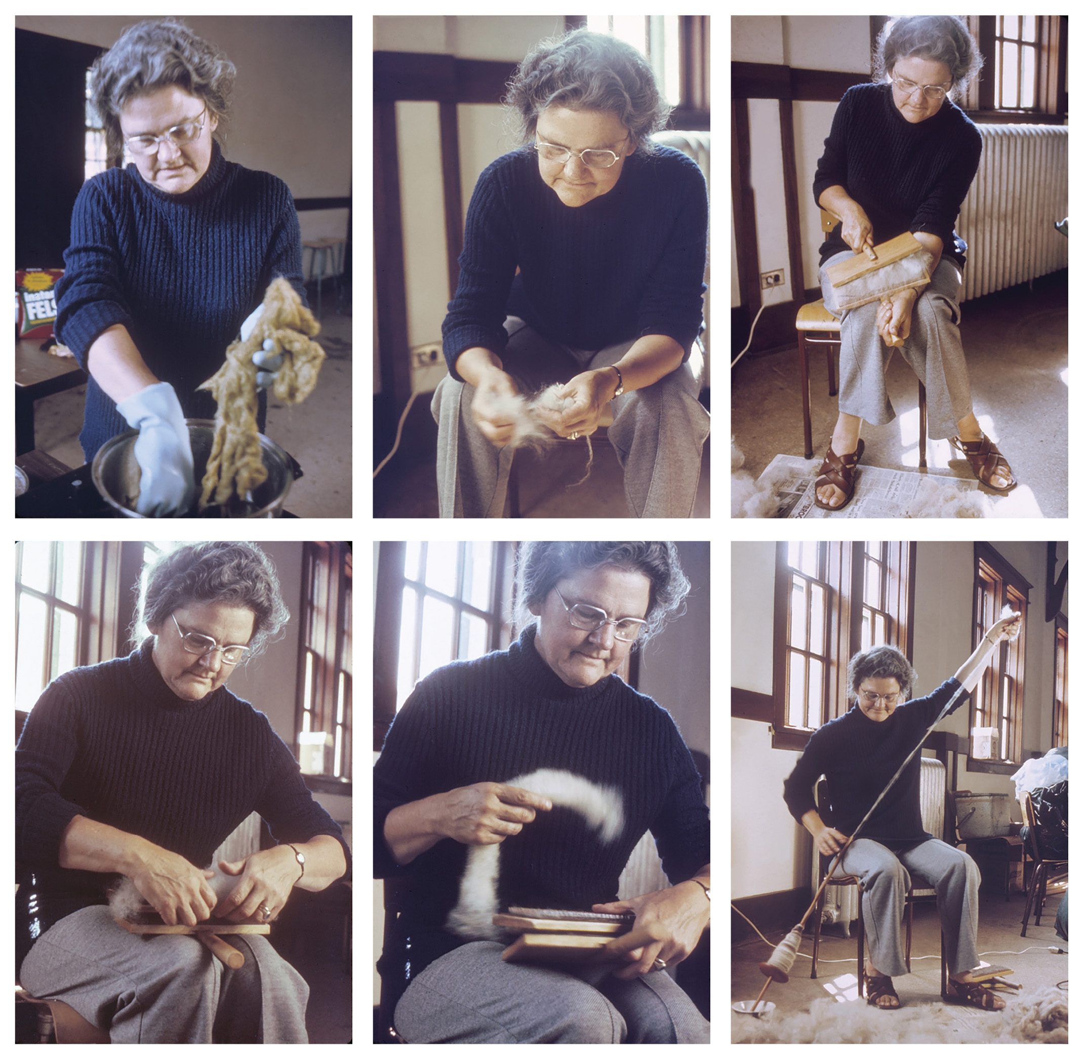 A series of six photos of a middle-aged woman with short greying hair and glasses working with some wool while seated on a chair in front of sunny windows. 
